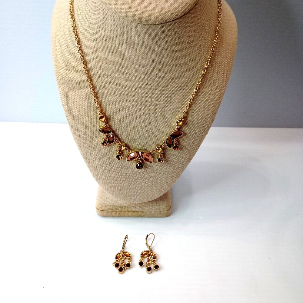 Napier Necklace & Earrings Set Gold Tone Amber Topaz Glass Stones Signed Vintage